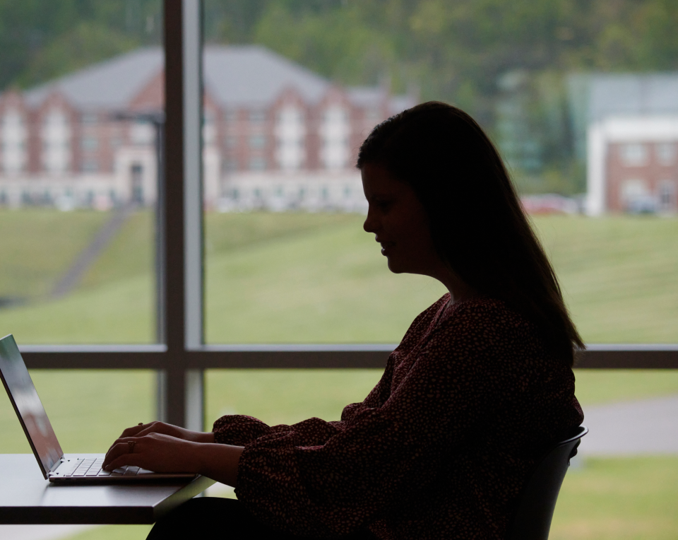 Student working on her laptop in front of a window.